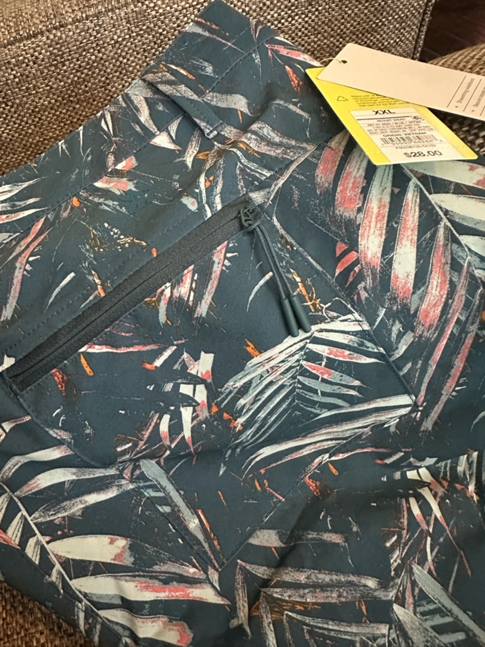 Tropical Leaf Print men’s swim trunks/hybrid shorts in Teal and Coral - Picture 4 of 6